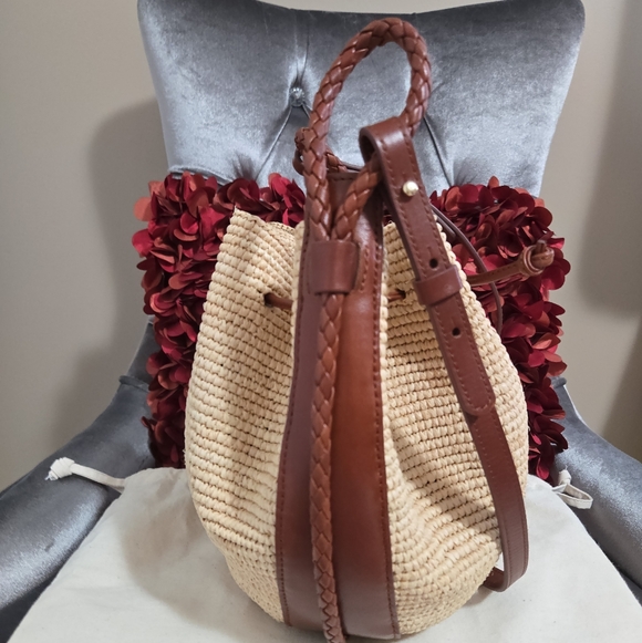 SEZANE  Woven Crochet Raffia & Leather Drawstring Crossbody Zelie Bucket Bag - Picture 10 of 11